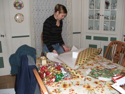 Jamie wrapping Christmas gifts.