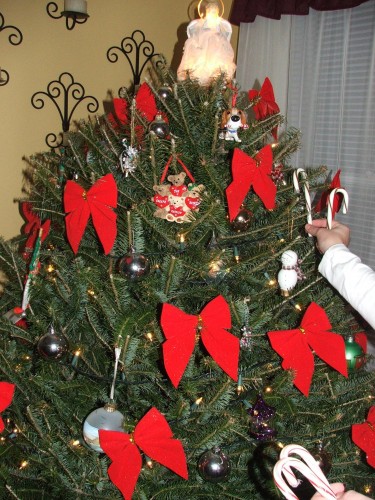 Jamie adding candy canes to the tree.