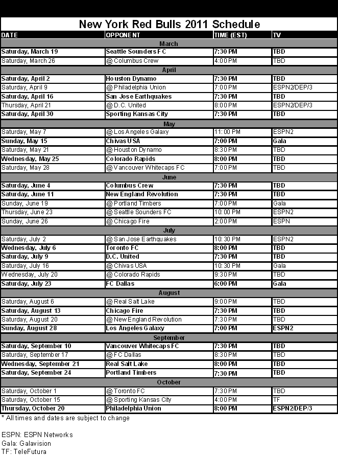 NY Red Bulls 2011 Schedule